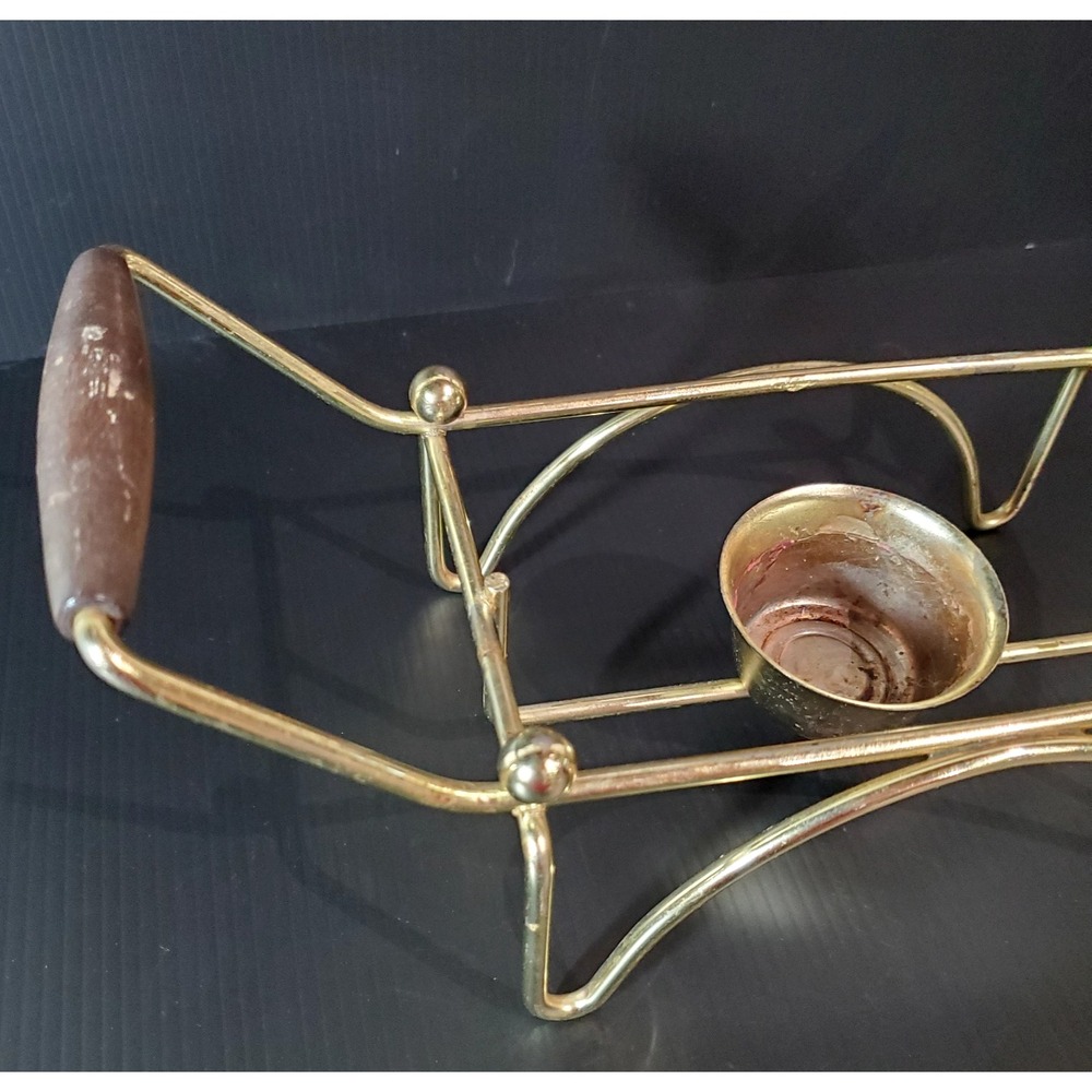 Vintage Mid Century Modern chafing stand metal w/ wood handles, warming stand - Picture 8 of 12